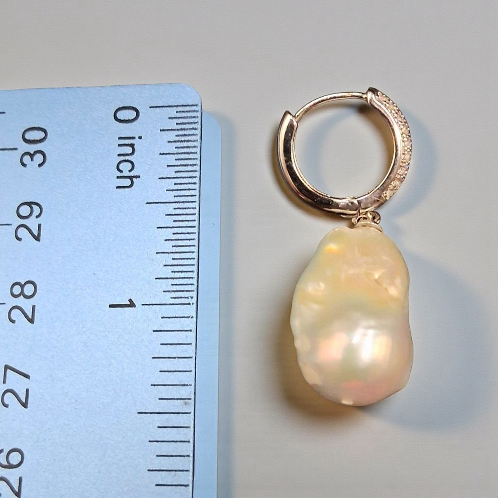 Sterling Silver 16MM Baroque Pearl & White Zircon Huggie Style Earrings - Picture 4 of 5